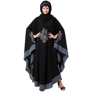 Embroidery Irani Kaftan with contrast border- Black-Grey